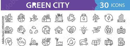 Green city line icon set showing eco friendly urban living, sustainability, renewable energy, recycling, smart transport, and environmental protection concepts