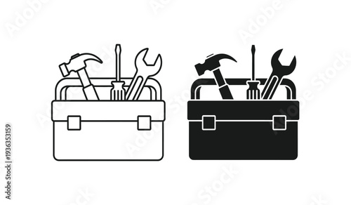 Black and white line icon set of toolboxes with tools inside one filled and one outlined