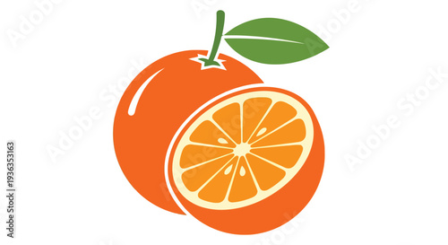 Stylized illustration of an orange with a visible slice and leaf