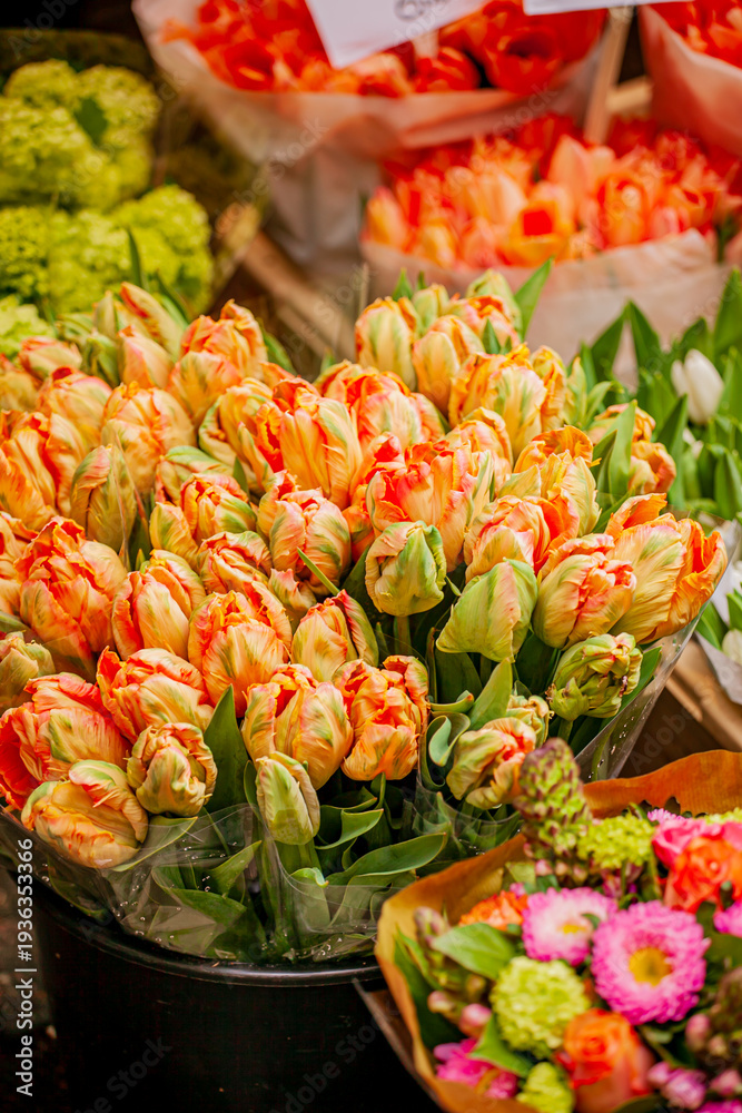 Fototapeta premium Vibrant tulips bloom in a bustling flower market, showcasing their colors and beauty in springtime
