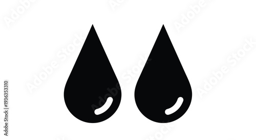 Two black water droplets against a stark white background
