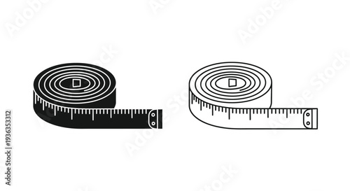 Two black and white illustrations of measuring tape rolls with visible markings