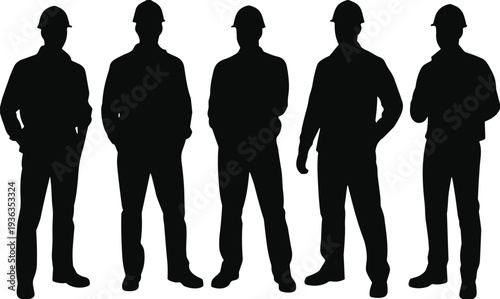 Standing construction worker silhouette group wearing safety helmets, teamwork and professionalism concept for building industry, labor force, and workforce illustration