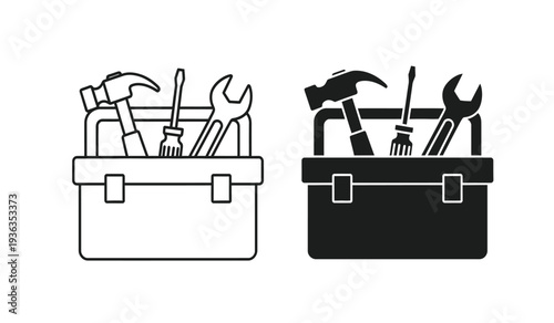 Black and white toolbox icons with various tools inside