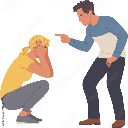 Domestic violence and verbal abuse concept illustration with aggressive man shouting at scared woman isolated on white background