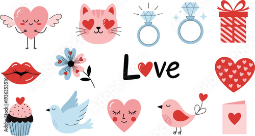 Romantic Love Icons Collection with Hearts Birds Diamond Rings Gift Box Lips and Cute Characters Flat Vector Illustration