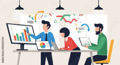 Business Team Analyzing Data Charts on Computers.