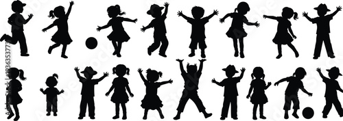Happy children playing silhouettes isolated on white background showing jumping running dancing and joyful childhood activity poses collection