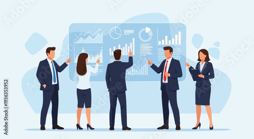 Business team discussing strategy with data analysis.