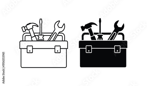Black and white toolbox icons with various tools inside for construction and repair