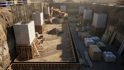 Wallpaper Mural Construction site with building foundation and heavy machinery in progress. Torontodigital.ca