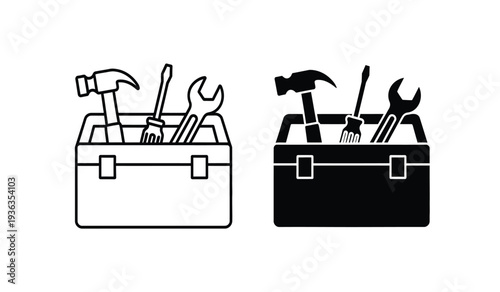 Black and white toolbox icons with various tools inside for construction or diy projects