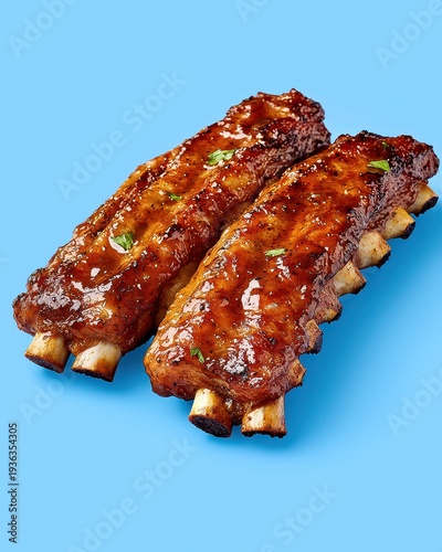 Two Glazed BBQ Pork Ribs on Blue Background