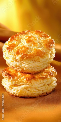 Two Golden Brown Biscuits Stacked on Gold Fabric with Warm Lighting