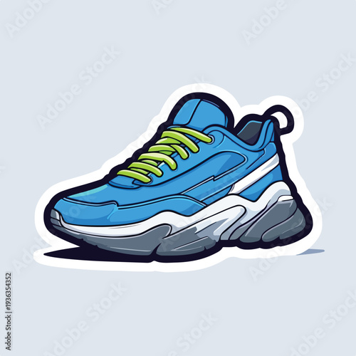 Detailed sticker illustration of a chunky blue and white athletic running shoe with bright lime green laces