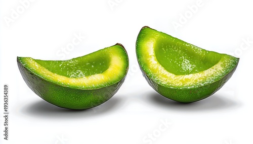 Two Halves of Ripe Green Avocado on White Background