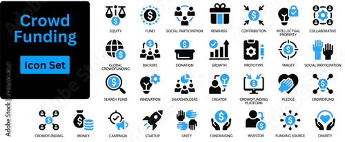Crowd Funding solid icon set. Crowd Funding Icon Collection Set. Donation, Funding, Investor, Revenue, Capital, Savings, cash icon. Solid Style icons. Solid icon set. 