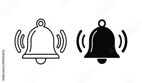 Vector illustration of two ringing bells in black and white with sound waves