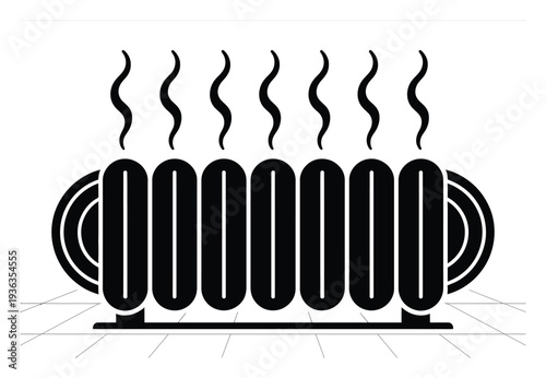 Black and white of a radiator emitting steam, symbolizing warmth and heating