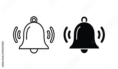Two ringing bells in black and white with sound waves