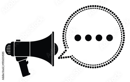 Black silhouette of a megaphone emitting a speech bubble with dots