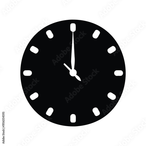 Simple Black Clock Face Showing Five Minutes After Twelve O'Clock Noon