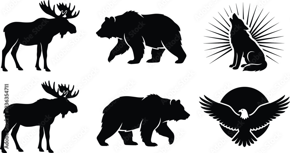 Fototapeta premium Black Feather Collection Silhouette Vector Set Featuring Isolated Dark Bird Plumes in Various Shapes and Angles for Elegant Design Elements and Natural Graphic Backgrounds