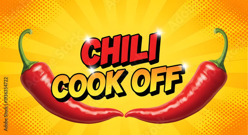 Vibrant chili cook off logo with red peppers on orange background
