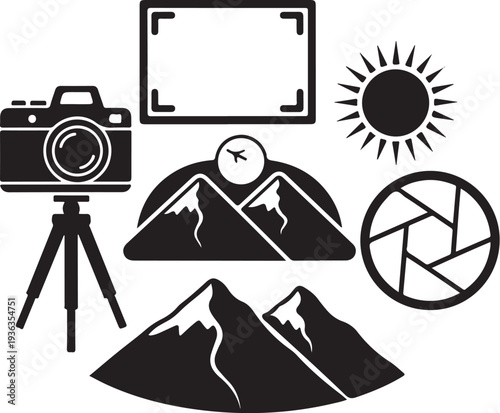 Travel photography icons and mountain landscape symbols combined