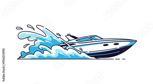 Speedboat racing through blue water, creating splashes and waves.