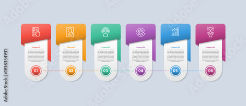 6 points infographic with glossy gradient style with vertical round rectangle with badge ribbon on header top with six segment information