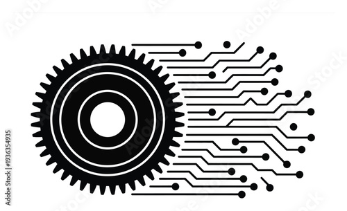 Gear merging with digital circuit board, symbolizing technology and industry integration