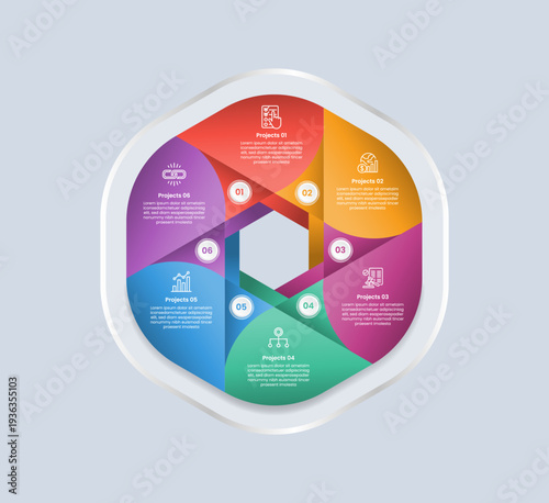 6 points infographic with glossy gradient style with creative hexagon base with star layering inside with six segment information