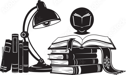 Robot reading books under a desk lamp illustration