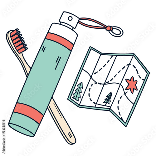 Travel essentials toothbrush toothpaste and a folded map for adventure