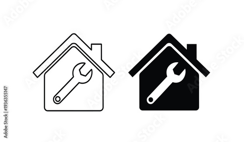 Black and white line icons of a house with a wrench inside for repair or maintenance