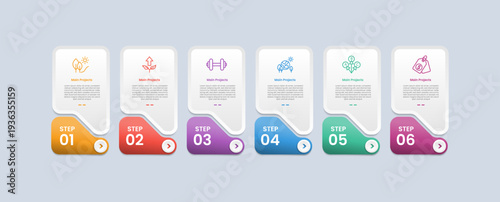 6 points infographic with glossy gradient style with vertical round box with folder shape on footer bottom with six segment information