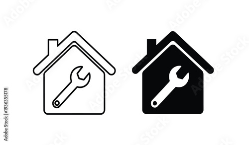 Black and white house icons with wrench tools for repair and maintenance services