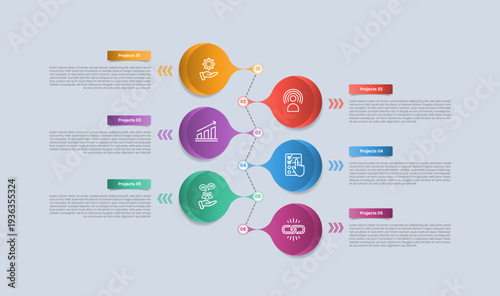 6 points infographic with glossy gradient style with smooth liquid shape with zigzag vertical timeline on opposite direction with six segment information
