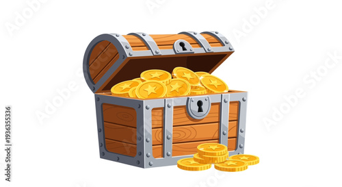 Treasure Chest Full of Gold Coins, Wooden Box Overflowing with Wealth