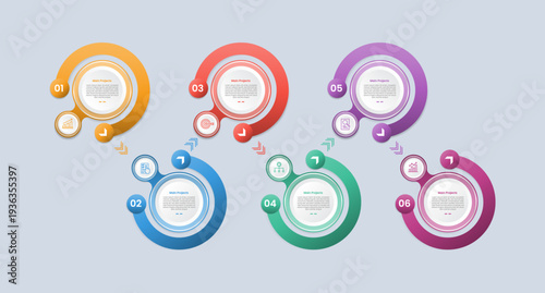 6 points infographic with glossy gradient style with circle combination with outline cut with up and down arrow pointer with six segment information