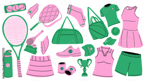Colorful tennis equipment and apparel illustration set. Pink and green flat style. Perfect for sports design, tennis club branding, fitness posters, packaging, stickers, active lifestyle graphics 