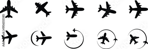 Airplane silhouettes collection flying aircraft aviation transport travel icons vector illustration set isolated on white background for design