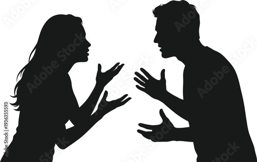 Silhouette arguing couple man woman facing each other gesturing hands conflict disagreement communication problem relationship tension black shadow vector illustration