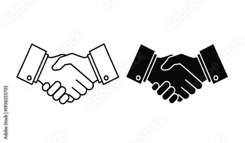 Two handshake icons in black and white line art styles for business partnership or agreement concepts