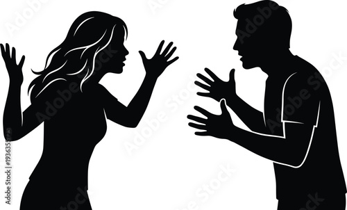 Silhouette angry couple arguing man woman gesturing hands conflict disagreement relationship fight communication tension black shadow vector illustration