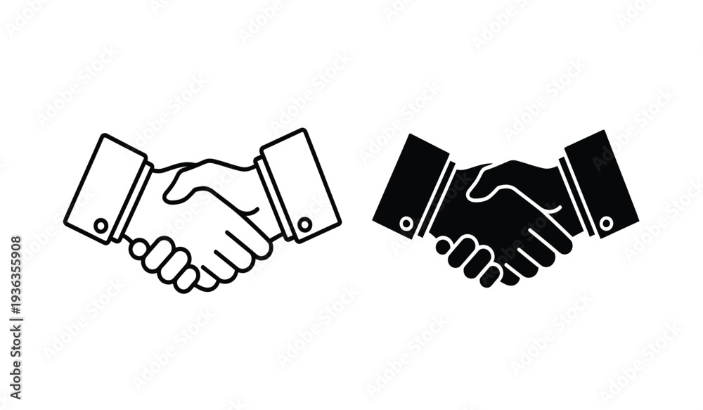 Fototapeta premium Two handshake icons in black and white line art style for business or partnership concepts