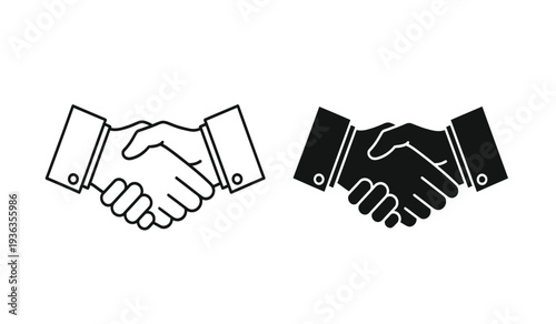 Two hands shaking in black and white line art style for business or partnership concepts