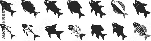 Fish silhouettes collection including whole fish and fish skeleton icons seafood marine animal vector illustration set isolated on white