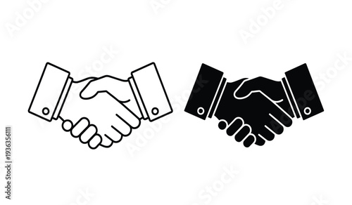 Black and white handshake icons in line art style for business or partnership concepts